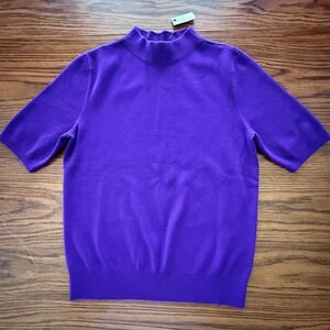 NWT Talbots Mock Neck Pointelle Sweater Medium Purple Indigo Short Sleeve Mended